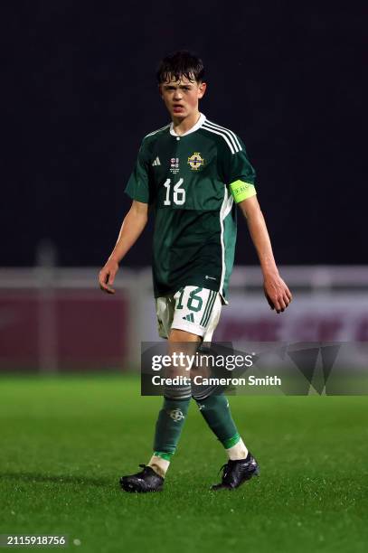 Dylan Stitt of Northern Ireland in action during the Under-17 EURO Elite Round match between Hungary and Northern Ireland at St George's Park on...