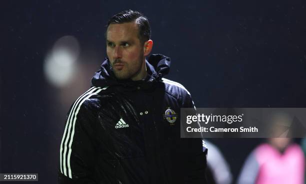 Michael Andrew Waterworth, Manger of Northern Ireland looks on during the Under-17 EURO Elite Round match between Hungary and Northern Ireland at St...