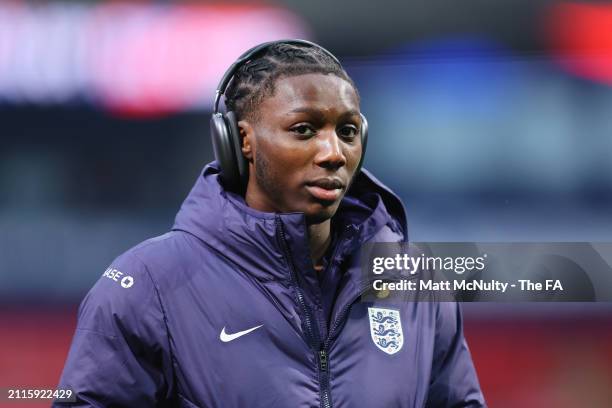 Brooke Norton-Cuffy of England inspects the pitch prior to the UEFA U21 Euro 2025 Qualifier between England and Luxembourg at Toughsheet Community...