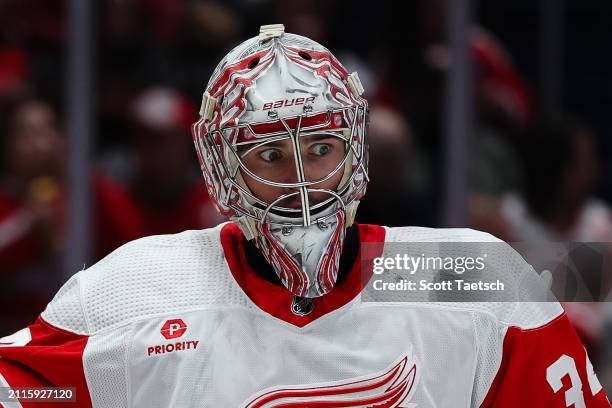 Alex Lyon of the Detroit Red Wings looks on during the second period of the game against the Washington Capitals at Capital One Arena on March 26,...