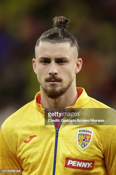 Radu Dragusin of Romania stands during the match ceremony prior to start the friendly match between Romania and Colombia at Civitas Metropolitan...