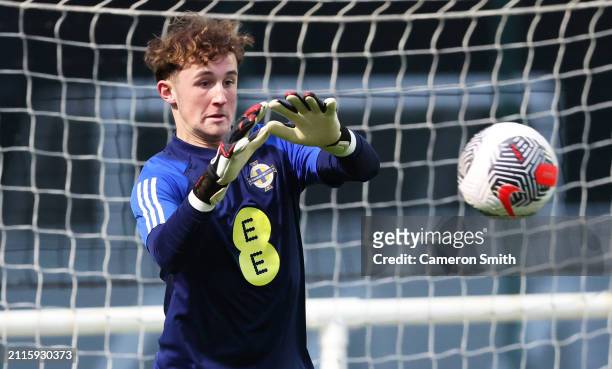Owen Grainger of Northern Ireland warms up prior to the Under-17 EURO Elite Round match between Hungary and Northern Ireland at St George's Park on...