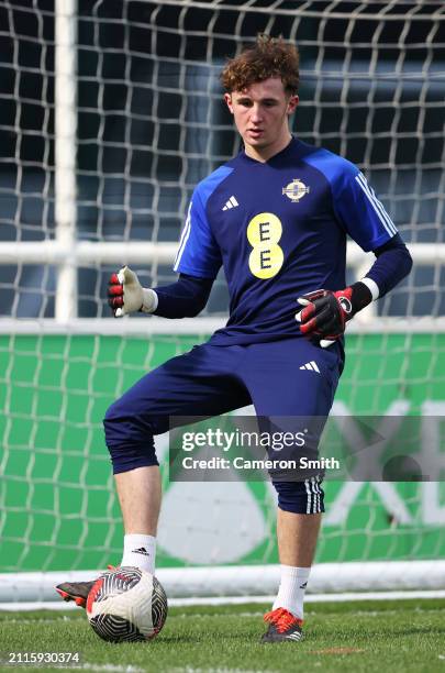 Owen Grainger of Northern Ireland warms up prior to the Under-17 EURO Elite Round match between Hungary and Northern Ireland at St George's Park on...