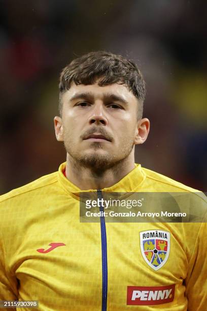 Andrei Rațiu of Romania stands during the match ceremony prior to start the friendly match between Romania and Colombia at Civitas Metropolitan...