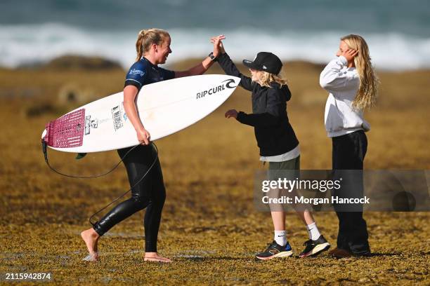 Wildcard entrant, Ellie Harrison of Australia reacts after winning their way through to the quarter finals during the 2024 Rip Curl Pro Bells Beach...