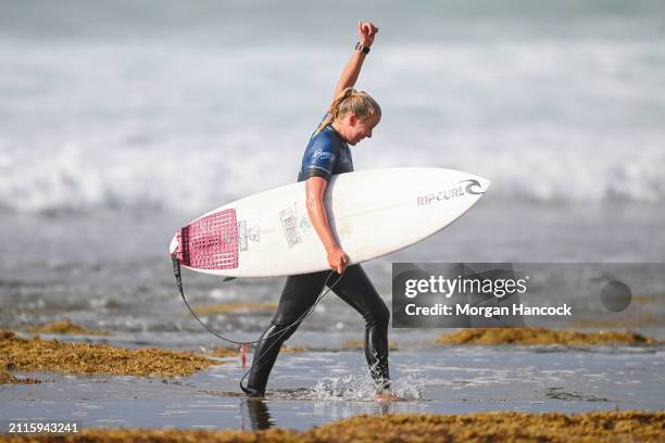 Wildcard entrant, Ellie Harrison of Australia reacts after winning their way through to the quarter finals during the 2024 Rip Curl Pro Bells Beach...