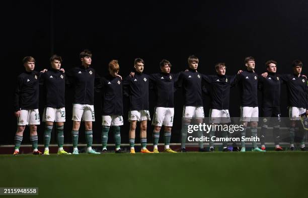 Players of Northern Irelandsing their national anthem prior to the Under-17 EURO Elite Round match between Hungary and Northern Ireland at St...