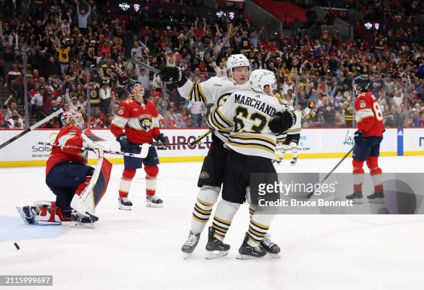 Trent Frederic of the Boston Bruins celebrates his game-tying goal on the powerplay at 15:38 of the third period against the Florida Panthers at...