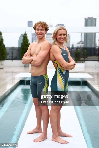 Sam Short and Ariarne Titmus pose during the Australian 2024 Paris Olympic Games Speedo Uniform Squad Announcement at Atop Hotel X on March 27, 2024...