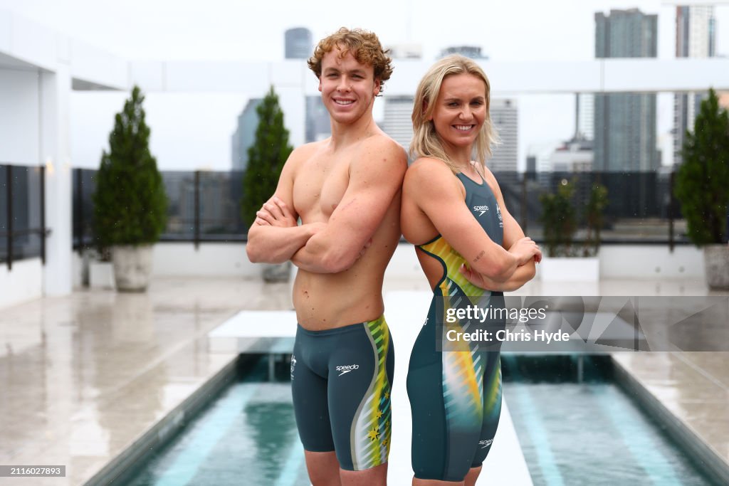 Aussie Rugby Speedos Sam Short and Ariarne Titmus pose during the Australian 2024 Paris ...