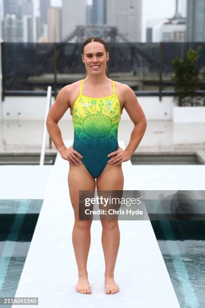 Chelsea Gubecka poses during the Australian 2024 Paris Olympic Games Speedo Uniform Squad Announcement at Atop Hotel X on March 27, 2024 in Brisbane,...