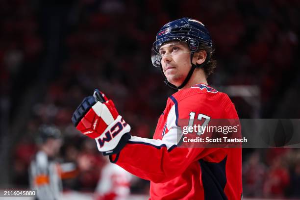 Dylan Strome of the Washington Capitals reacts after scoring a goal against the Detroit Red Wings during the third period of the game at Capital One...