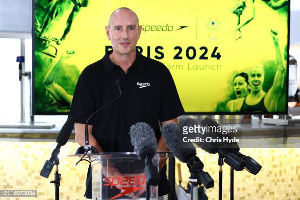 Speedo ANZ General Manager Graham Eyres during the Australian 2024 Paris Olympic Games Speedo Uniform Squad Announcement at Atop Hotel X on March 27,...