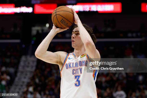 Josh Giddey of the Oklahoma City Thunder shoots the ball against the New Orleans Pelicans at Smoothie King Center on March 26, 2024 in New Orleans,...