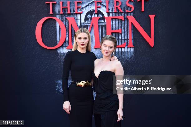 Nell Tiger Free and Arkasha Stevenson attend The First Omen - Premiere at Regency Village Theatre on March 26, 2024 in Los Angeles, California.