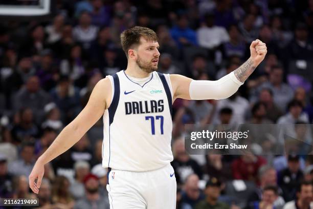 Luka Doncic of the Dallas Mavericks reacts after the Mavericks scored a basket Sacramento Kings in the second half at Golden 1 Center on March 26,...