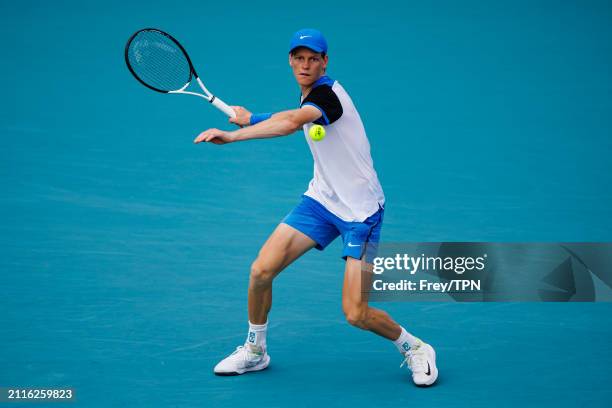 Alex Sinner of Italy hits a forehand against Christopher O'Connell of Australia in the fourth round of the Miami Open at the Hard Rock Stadium on...