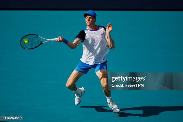 Alex Sinner of Italy hits a forehand against Christopher O'Connell of Australia in the fourth round of the Miami Open at the Hard Rock Stadium on...