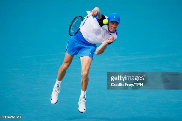 Alex Sinner of Italy serves against Christopher O'Connell of Australia in the fourth round of the Miami Open at the Hard Rock Stadium on March 26,...