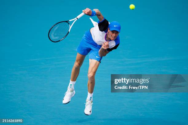 Alex Sinner of Italy serves against Christopher O'Connell of Australia in the fourth round of the Miami Open at the Hard Rock Stadium on March 26,...