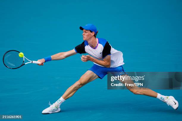 Alex Sinner of Italy hits a forehand against Christopher O'Connell of Australia in the fourth round of the Miami Open at the Hard Rock Stadium on...