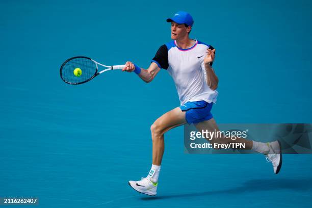Alex Sinner of Italy hits a forehand against Christopher O'Connell of Australia in the fourth round of the Miami Open at the Hard Rock Stadium on...