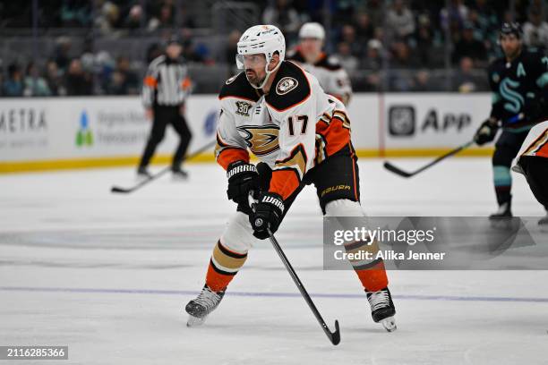 Alex Killorn of the Anaheim Ducks in action during the third period against the Seattle Kraken at Climate Pledge Arena on March 26, 2024 in Seattle,...