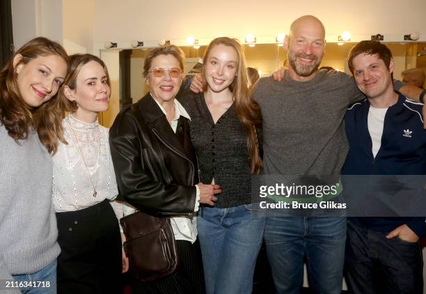 Natalie Gold, Sarah Paulson, Annette Bening, daughter Ella Beatty, Corey Stoll, Miuchael Esper pose backstage at the hit play "Appropriate" on...