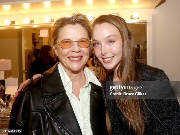 Annette Bening and daughter Ella Beatty pose backstage at the hit play "Appropriate" on Broadway at The Belasco Theatre on March 26, 2024 in New York...