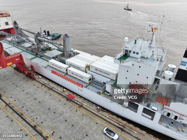 Refrigerated cargo ship carrying imported kiwifruit arrives at Nangang Port on March 26, 2024 in Shanghai, China. The first batch of this year's...