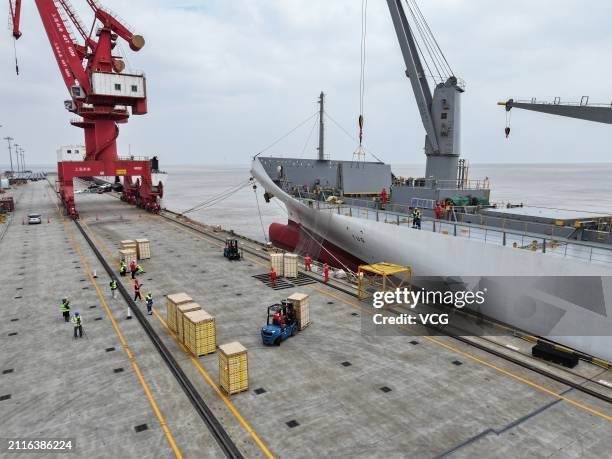 Refrigerated cargo ship carrying imported kiwifruit arrives at Nangang Port on March 26, 2024 in Shanghai, China. The first batch of this year's...