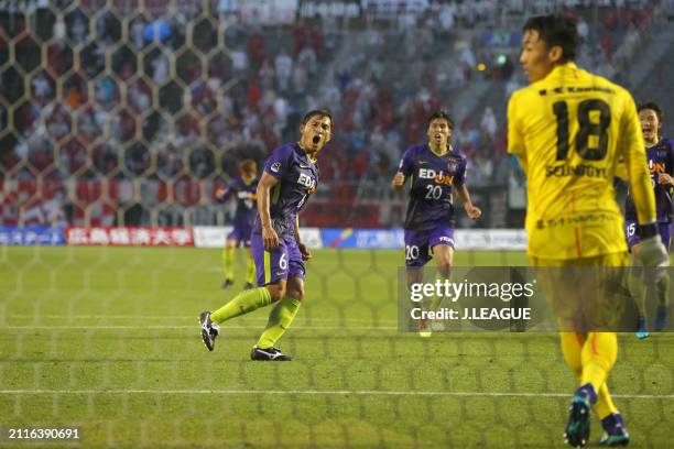 Toshihiro Aoyama of Sanfrecce Hiroshima celebrates after scoring the team's first goal during the J.League J1 match between Sanfrecce Hiroshima and...