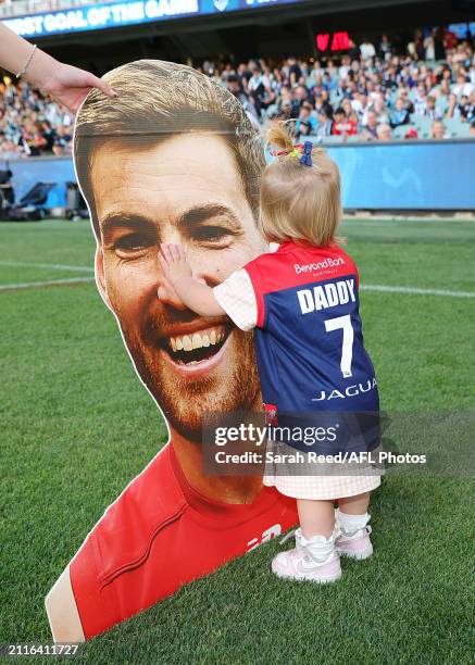 Jack Viney of the Demons set to play his 200th game. One of his daughters wait for him to run out during the 2024 AFL Round 03 match between the Port...