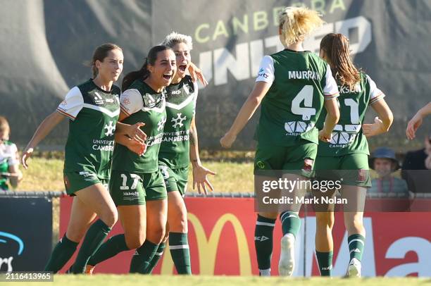 Canberra United players celebrate a goal during the A-League Women round 17 match between Canberra United and Sydney FC at McKellar Park, on March 27...