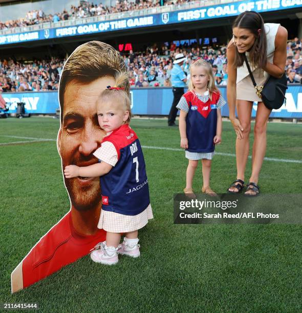 Jack Viney of the Demons set to play his 200th game. His family wait for him to run out during the 2024 AFL Round 03 match between the Port Adelaide...