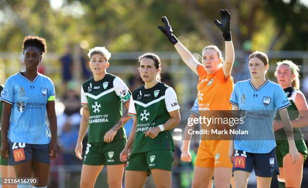 PLayers prepare for a corner during the A-League Women round 17 match between Canberra United and Sydney FC at McKellar Park, on March 27 in...