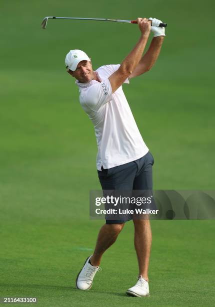 Nicolas Colsaerts of Belgium plays a shot prior to the Hero Indian Open at DLF Golf and County Club on March 27, 2024 in New Delhi, India