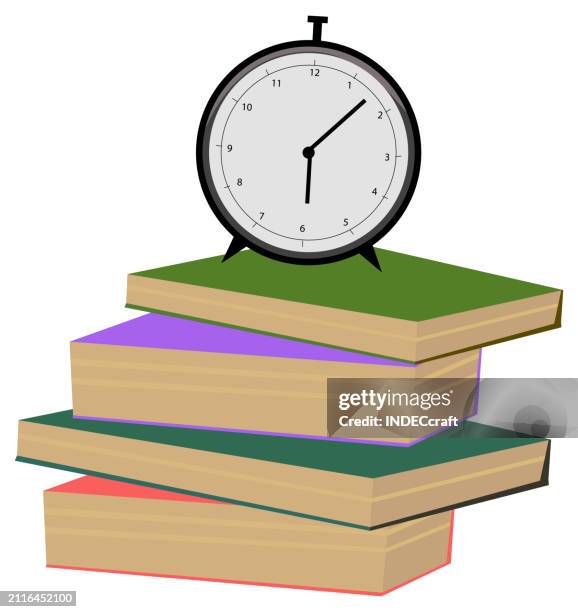 books and alarm clock - library interior stock illustrations