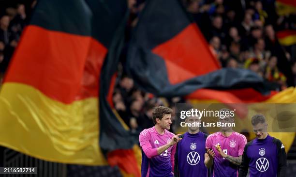 Thomas Mueller, Maximilian Mittelstaedt, Toni Kroos and Joshua Kimmich are seen after the International Friendly match between Germany and...