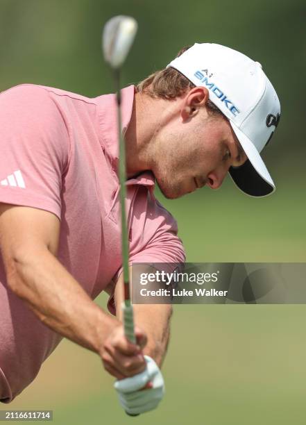 Rasmus Højgaard of Denmark plays a shot prior to the Hero Indian Open at DLF Golf and County Club on March 27, 2024 in New Delhi, India