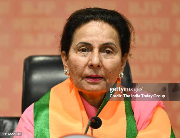 New Delhi, India – March 14: Former congress MP Preneet Kaur, wife of Amarinder Singh addresses the press conference after Join Bharatiya Janata...