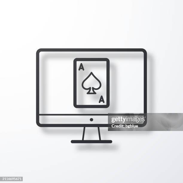desktop computer with playing card. line icon with shadow on white background - blackjack stock illustrations