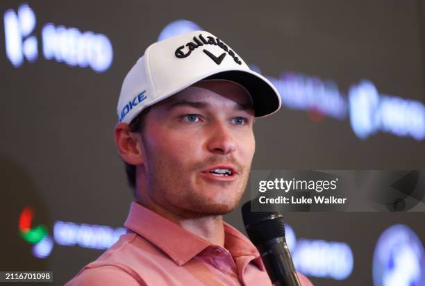 Rasmus Højgaard of Denmark talk to the media prior to the Hero Indian Open at DLF Golf and County Club on March 27, 2024 in New Delhi, India