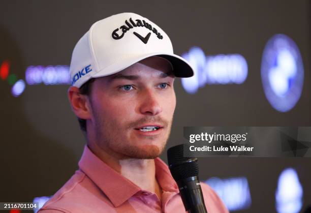 Rasmus Højgaard of Denmark talk to the media prior to the Hero Indian Open at DLF Golf and County Club on March 27, 2024 in New Delhi, India