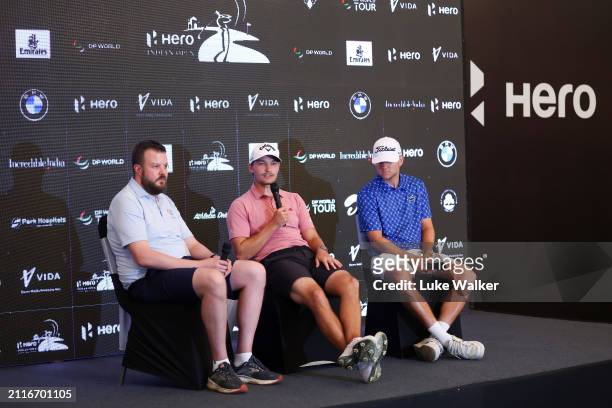 Yannik Paul of Germany and Rasmus Højgaard of Denmark talk to the media prior to the Hero Indian Open at DLF Golf and County Club on March 27, 2024...