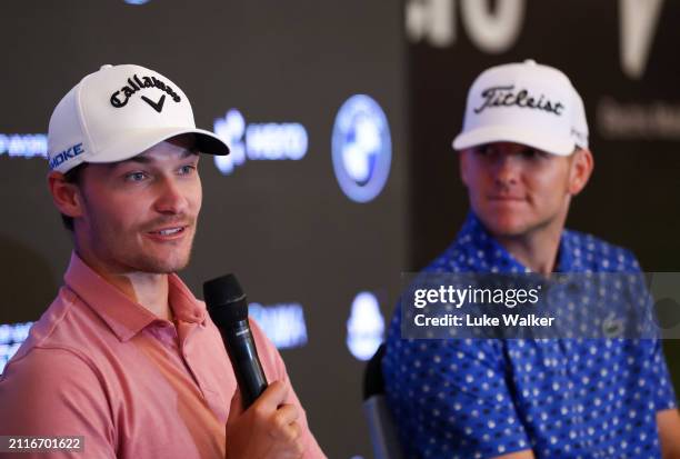 Yannik Paul of Germany and Rasmus Højgaard of Denmark talk to the media prior to the Hero Indian Open at DLF Golf and County Club on March 27, 2024...