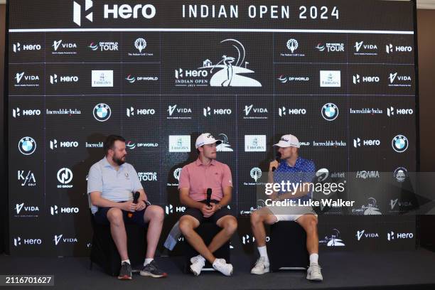 Yannik Paul of Germany and Rasmus Højgaard of Denmark talk to the media prior to the Hero Indian Open at DLF Golf and County Club on March 27, 2024...