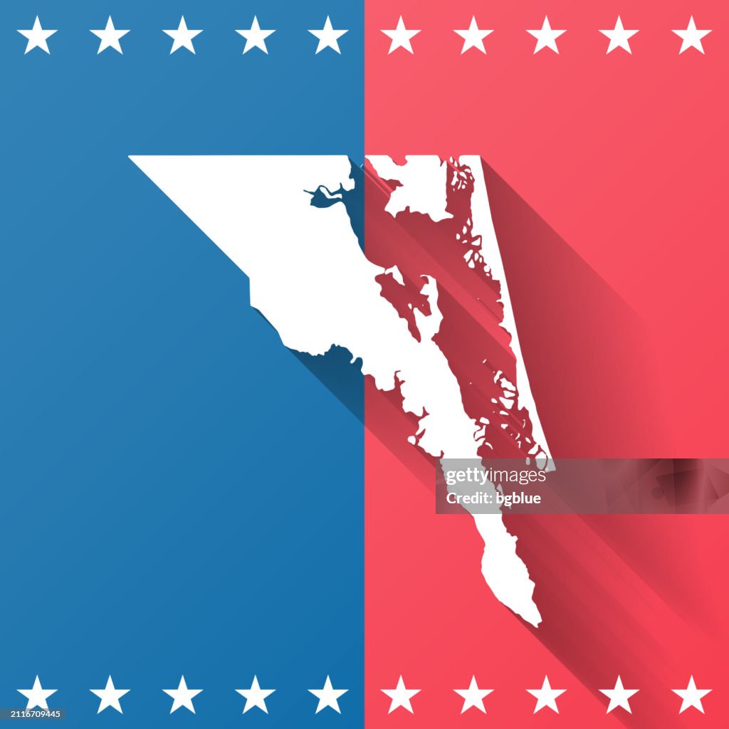 Currituck County, North Carolina. Map on blue and red background