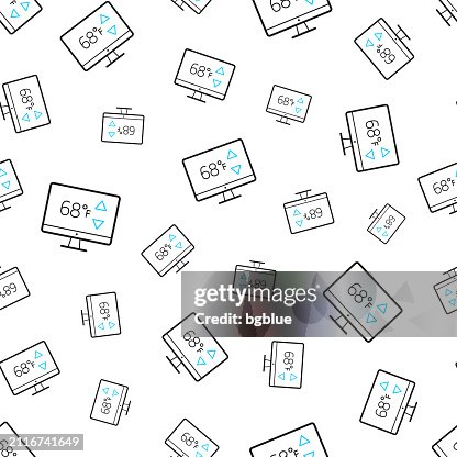 Desktop computer with heating control. Seamless pattern. Line icons on white background Desktop computer with heating control. Seamless pattern. Line icons on white background