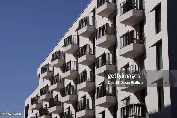 Balconies protrude from a relatively new residential apartment building on March 27, 2024 in Berlin, Germany. Many German cities, including Berlin,...